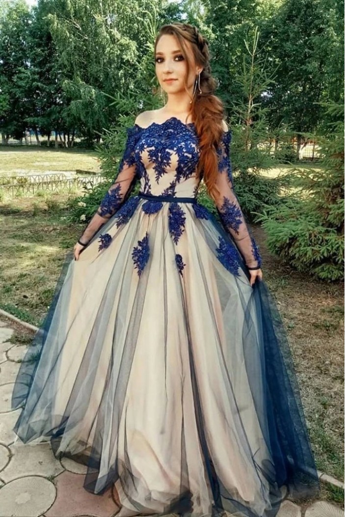 A-Line Off-the-Shoulder Long Sleeves Lace Appliques Long Prom Dress Formal Evening Dresses 601447