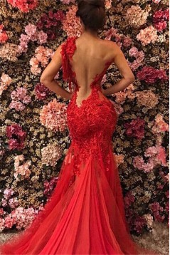 Mermaid Lace and Tulle Long Red Prom Dress Formal Evening Dresses 601471