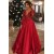 A-Line Long Sleeves V-Neck Lace Satin Red Prom Dress Formal Evening Dresses 601482