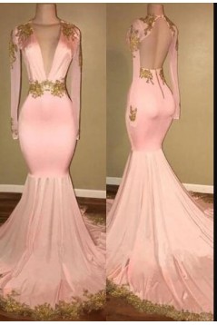 Mermaid Deep V-Neck Long Sleeves Long Prom Dress Formal Evening Dresses 601560