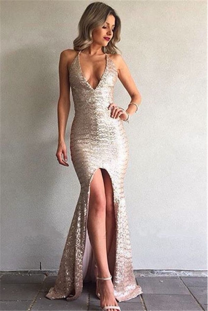 Mermaid Sparkle V-Neck Long Prom Dress Formal Evening Dresses 601619