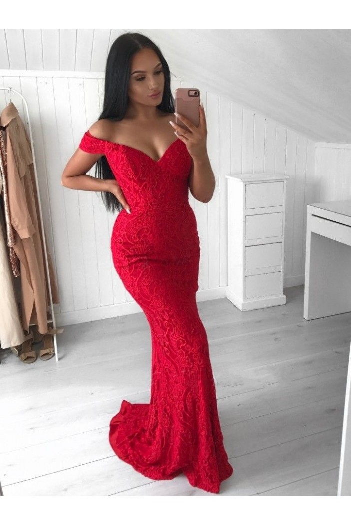 Mermaid Off-the-Shoulder Lace Long Prom Dress Formal Evening Dresses 601628