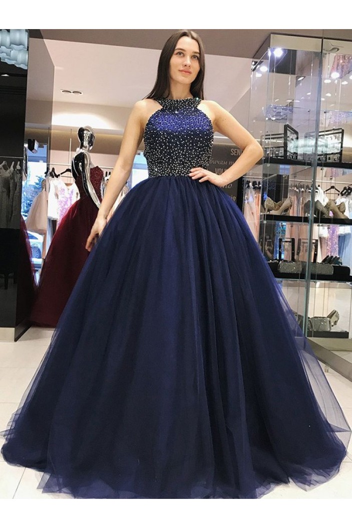Ball Gown Beaded Long Navy Blue Prom Dress Formal Evening Dresses 601662