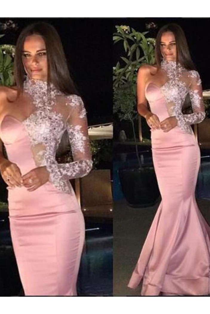 Mermaid One Sleeves Long Pink Lace Prom Dress Formal Evening Dresses 601710