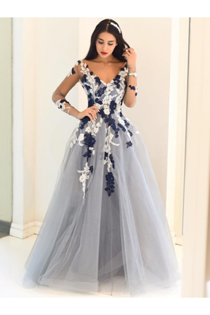 A-Line Long Sleeves V-Neck Long Prom Dress Formal Evening Dresses 601712