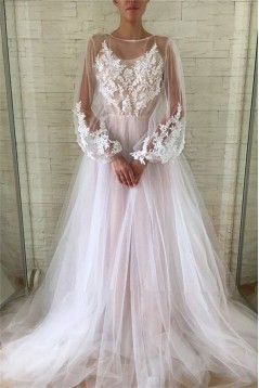 A-Line Lace Tulle Long Sleeves Prom Dress Formal Evening Dresses 601769