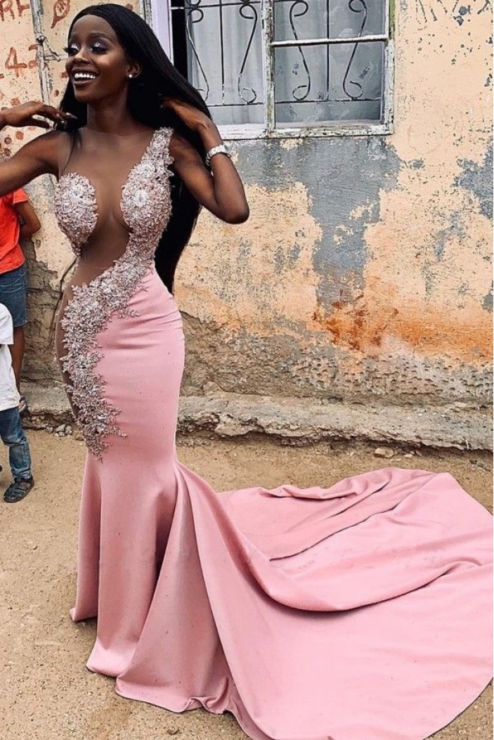 Affordable Mermaid Lace Long Pink Prom Dress Formal Evening Dresses 601777