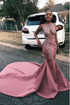 Mermaid Lace Long Pink Prom Dress Formal Evening Dresses 601778