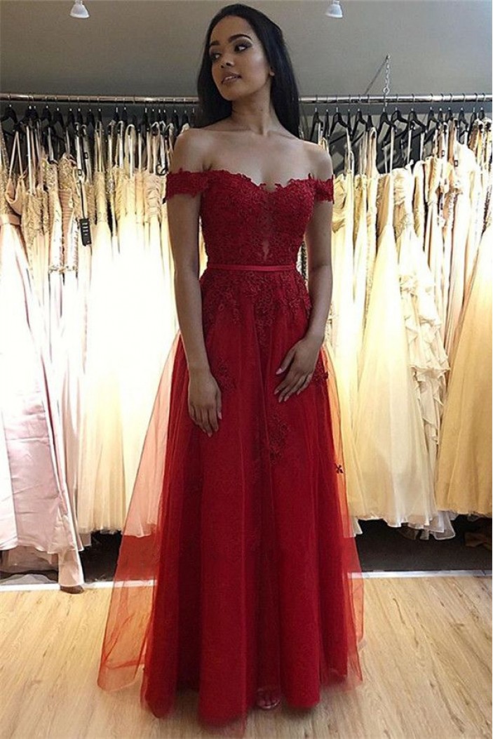 A-Line Lace Tulle Off-the-Shoulder Long Prom Dress Formal Evening Dresses 601789