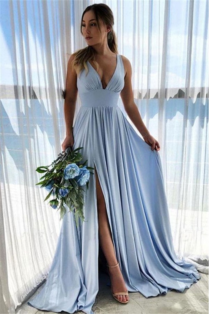 A-Line V-Neck Long Prom Dress Formal Evening Bridesmaid Dresses 601796