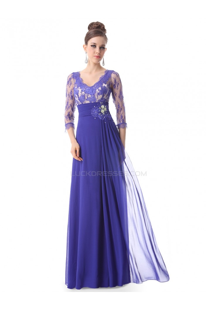 A-Line V-Neck 3/4 Sleeve Lace and Chiffon Mother of the Bride Dresses M010015