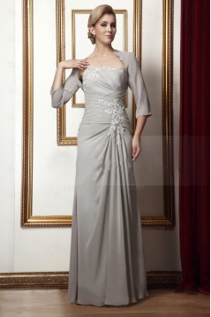 Elegant One-Shoulder Beaded Applique Long Chiffon Mother of the Bride Dresses with A Jacket M010016