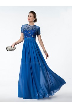 A-Line Jewel Short Sleeve Beaded Long Blue Chiffon Mother of the Bride Dresses M010032