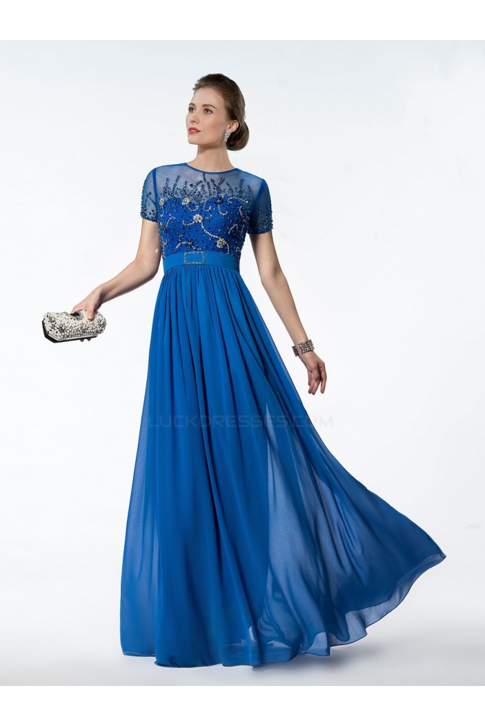 A-Line Jewel Short Sleeve Beaded Long Blue Chiffon Mother of the Bride Dresses M010032
