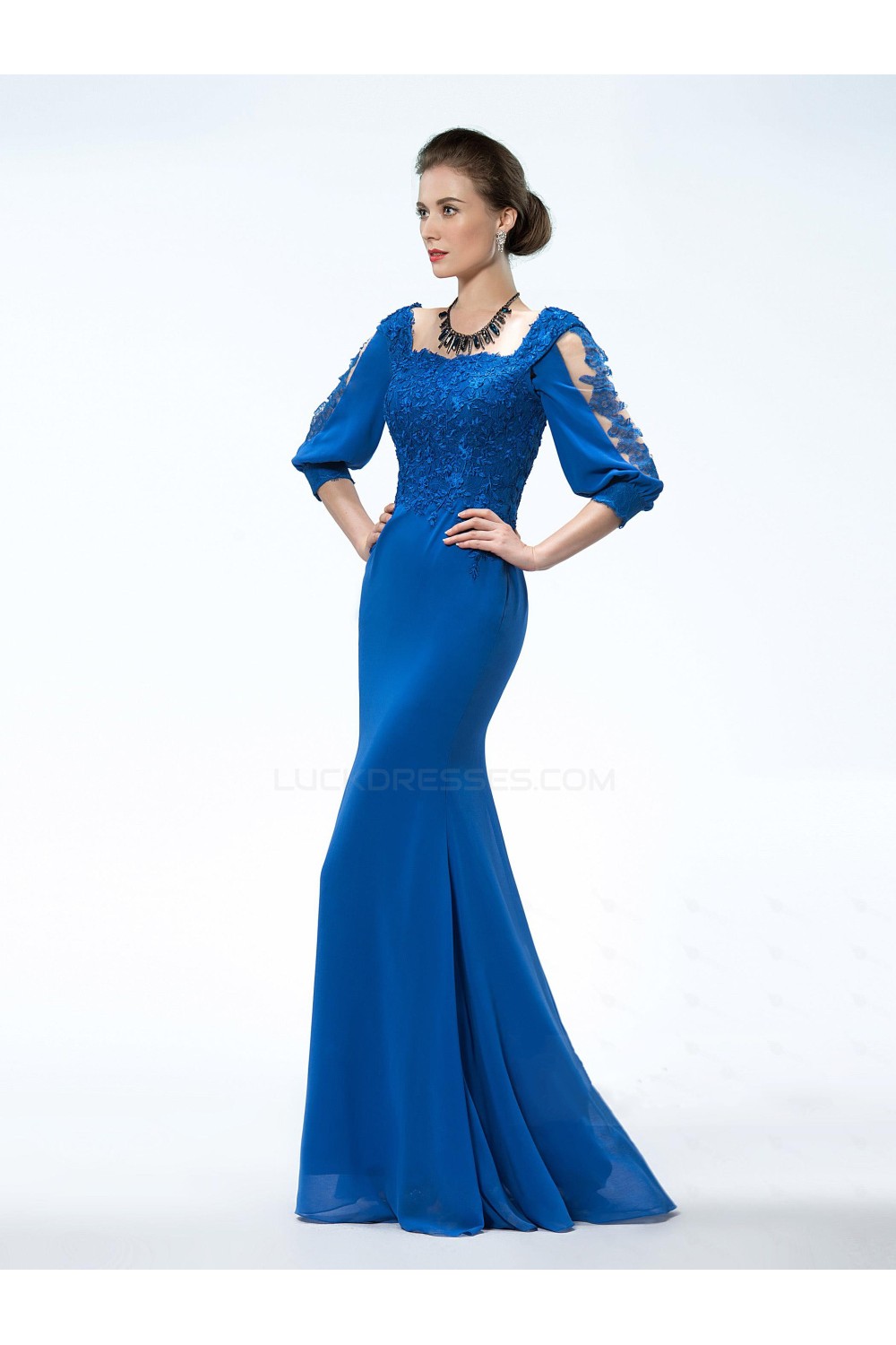 Trumpet/Mermaid 3/4 Sleeve Lace Applique and Chiffon Long Blue Mother ...
