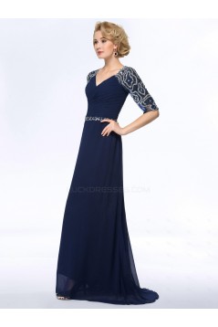 A-Line Beaded Half Sleeve Long Blue Chiffon Mother of the Bride Dresses M010060