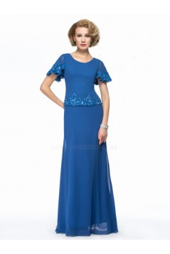 Long Blue Short Sleeve Applique and Chiffon Mother of the Bride Dresses M010064