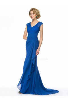 Sheath V-Neck Long Blue Lace and Chiffon Mother of the Bride Dresses M010065