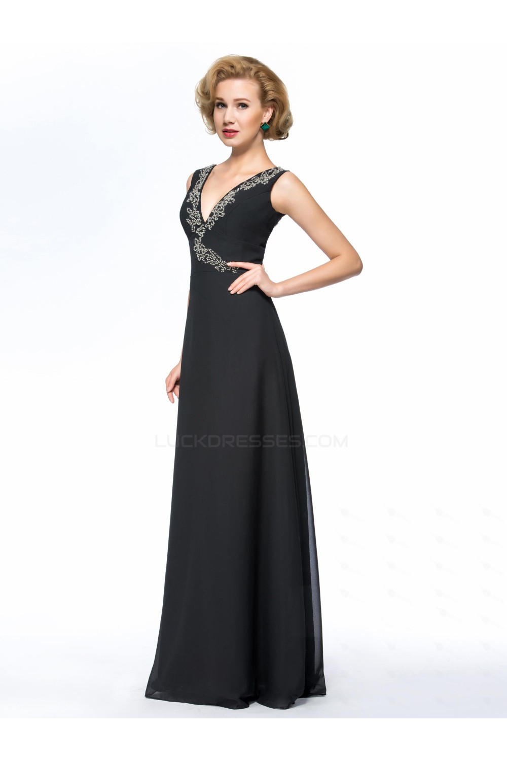 A-Line V-Neck Beaded Long Black Mother of the Bride Dresses with A ...
