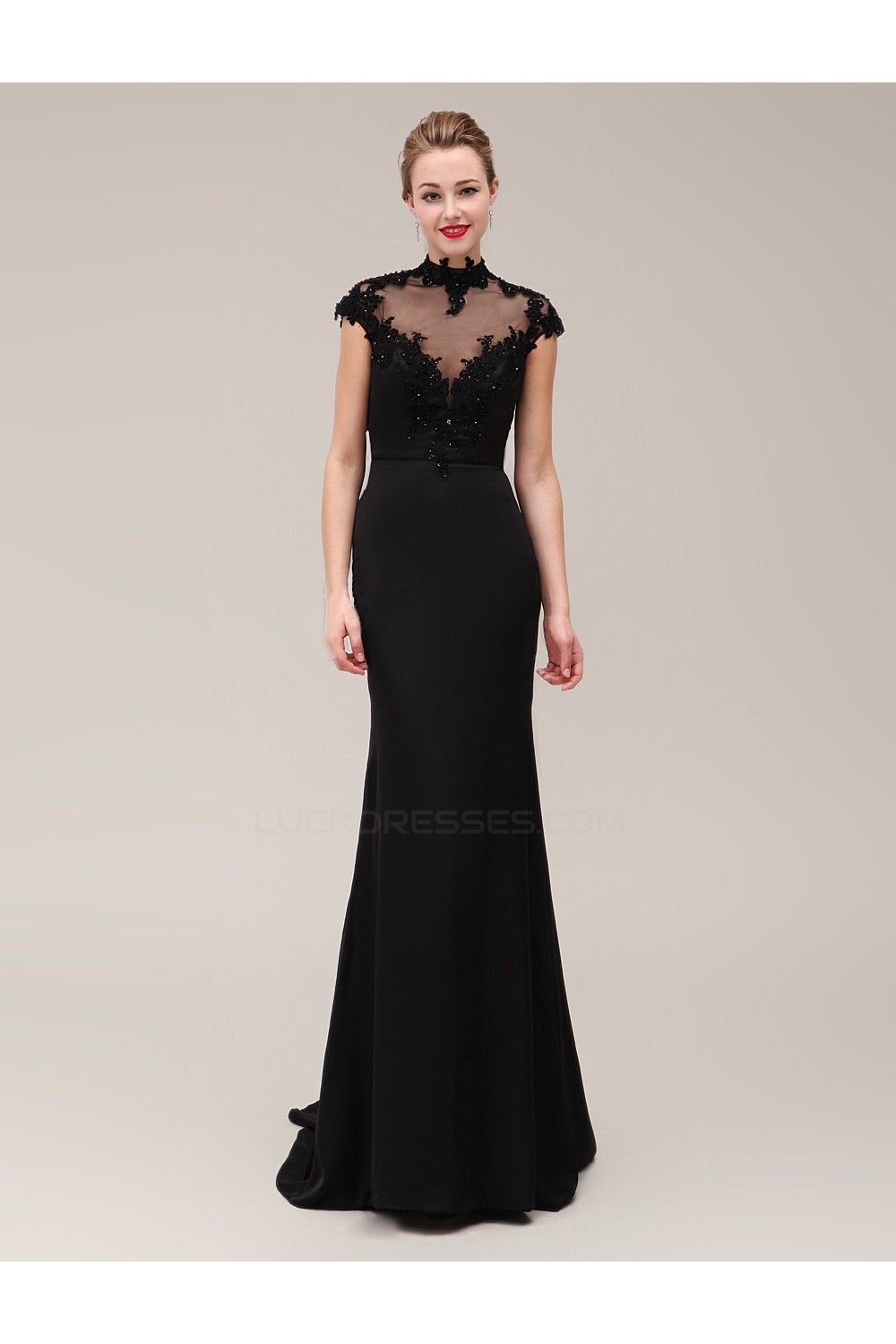 high neck black dress long