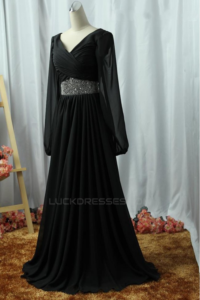 A-Line V-Neck Long Sleeve Beaded Chiffon Mother of the Bride Dresses M010096