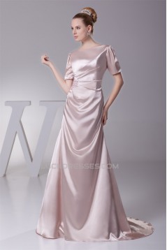 A-Line Short Sleeve Ruched Brush Sweep Train Elastic Woven Satin Mother of the Bride Dresses 2040062