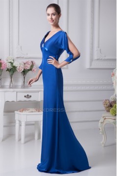 Silk like Satin Satin Chiffon V-Neck 3/4 Sleeve Long Blue Mother of the Bride Dresses 2040085