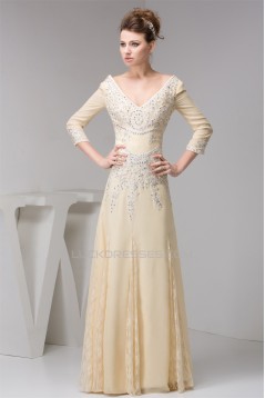 A-Line 3/4 Sleeves Lace Chiffon Beaded Applique Long Mother of the Bride Dresses 2040134