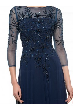 Long Navy Blue 3/4 Length Sleeves Beaded Chiffon Mother of The Bride Dresses 3040002