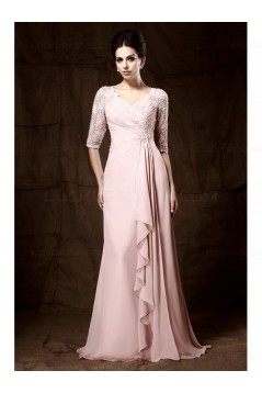 Long Pink Lace Chiffon Half Sleeves Floor Length Mother of The Bride Dresses 3040009