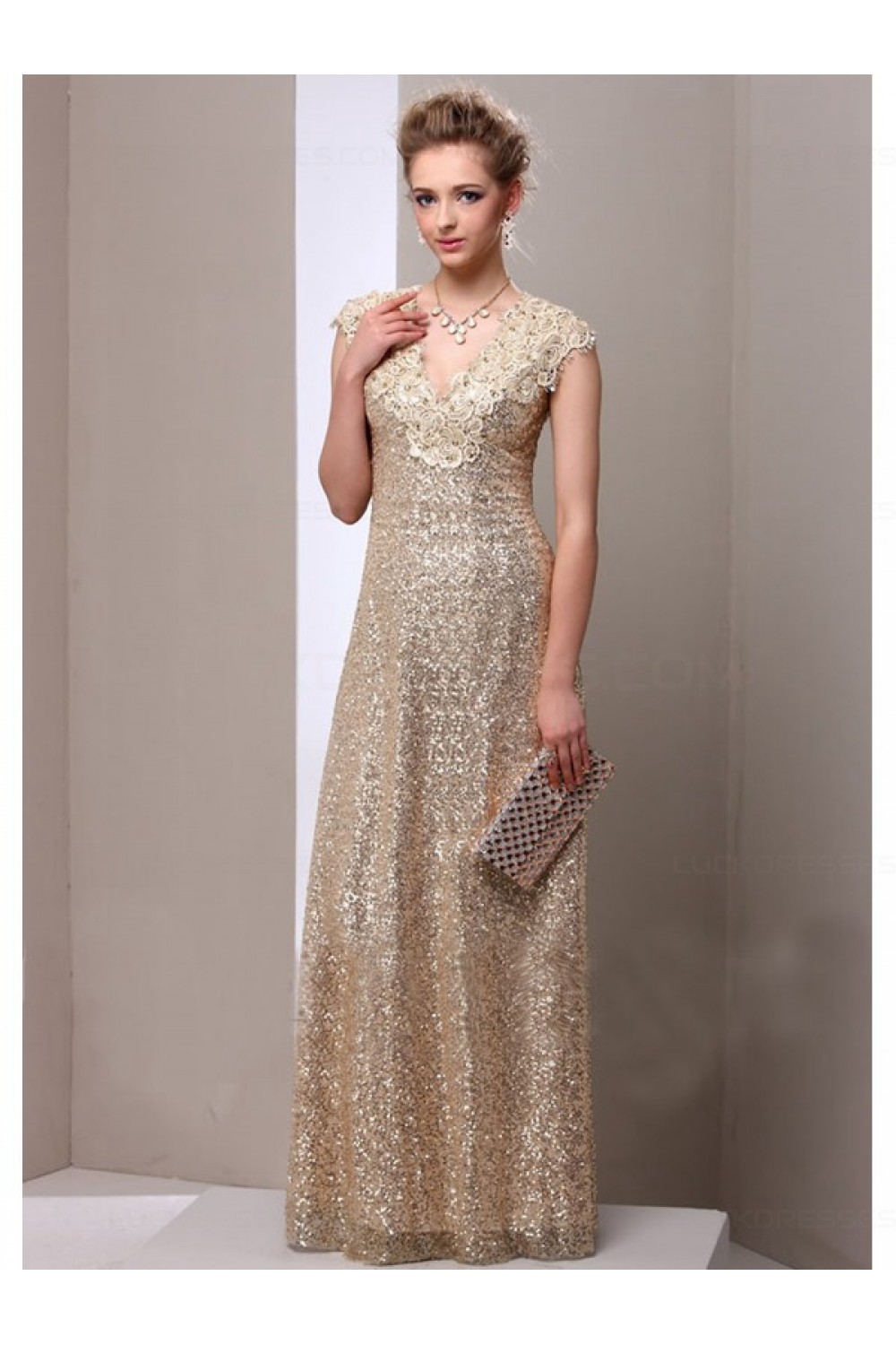 Sheath Gold Sequins Lace V-Neck Long Mother of The Bride Dresses 3040014