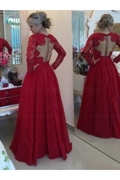 Long Red Long Sleeves Low V-Neck Lace Long Mother of The Bride Dresses 3040031