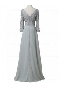 Long 3/4 Length Sleeves V-Neck Lace Chiffon Long Mother of The Bride Dresses 3040034