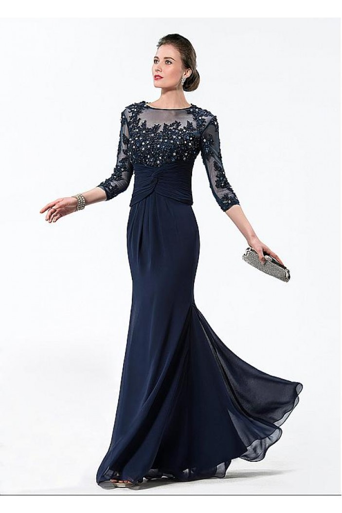 Beaded Lace Chiffon 3/4 Length Sleeves Long Blue Mother of The Bride Dresses 602005