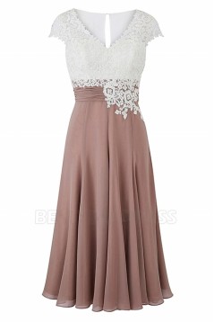 A-Line V-Neck Lace and Chiffon Tea-Length Mother of The Bride Dresses 602013
