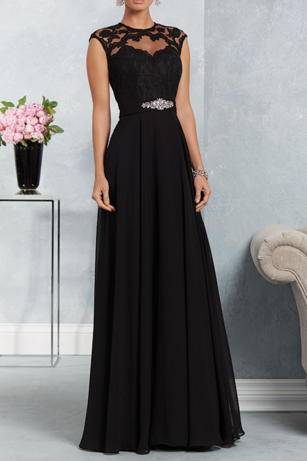 A Line Beaded Lace Chiffon Long Black Mother  of The Bride  
