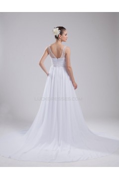 Elegant A-line V-neck Straps Chapel Train Chiffon Beaded Wedding Dresses WD010026