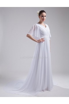 A-line Short Sleeves Chapel Train Chiffon Wedding Dresses WD010031