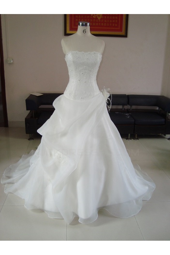 A-line Strapless Chapel Train Beaded Bridal Wedding Dresses WD010058