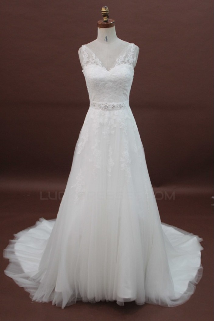 A-line Strapless Chapel Train Lace Bridal Wedding Dresses WD010173