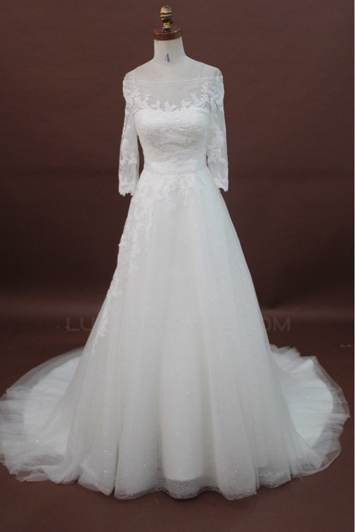 A-line Chapel Train 3/4 Sleeves Lace Bridal Wedding Dresses WD010174