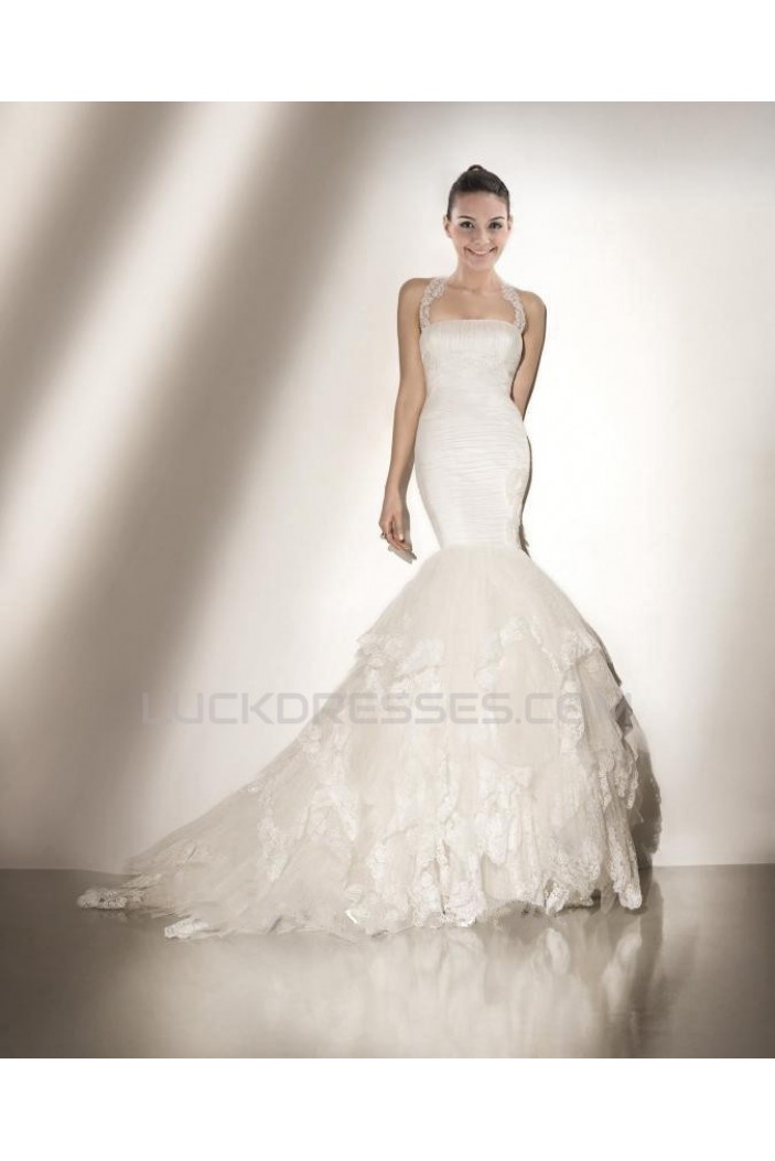 Trumpet/Mermaid Halter Court Train Lace Bridal Wedding Dress WD010234