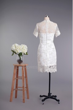 Sheath Short V-neck Short Sleeves Beaded Lace Bridal Wedding Dresses WD010421