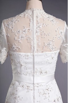 Sheath Short V-neck Short Sleeves Beaded Lace Bridal Wedding Dresses WD010421