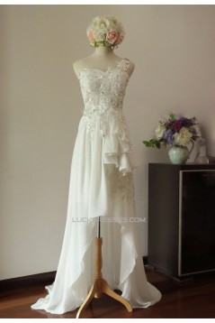 High Low One Shoulder Beaded Lace Chiffon Bridal Gown Wedding Dress WD010451