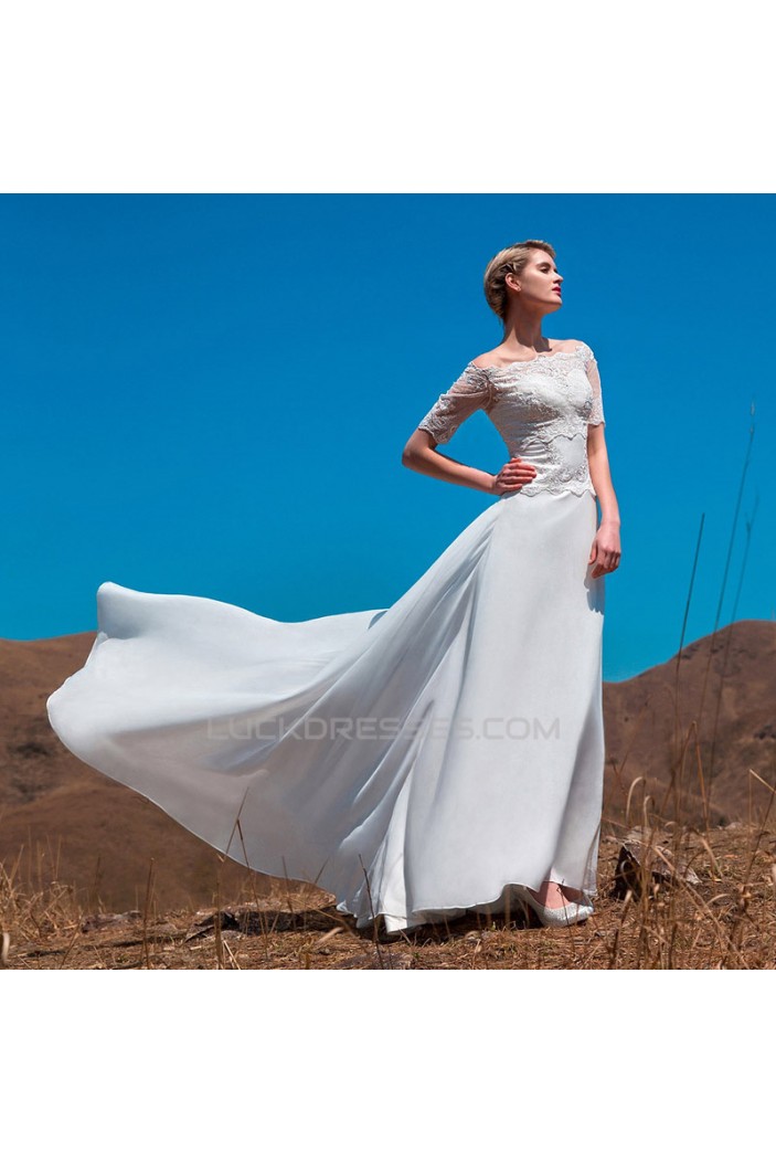 A-line Off the Shoulder Short Sleeves Lace Chiffon Bridal Wedding Dresses WD010510
