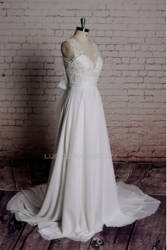 A-line V-neck Lace Bowknot Bridal Wedding Dresses WD010690