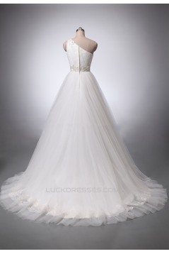A-line One Shoulder Lace and Tulle Bridal Wedding Dresses WD010839