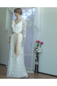 Sheath 3/4 Sleeves V-neck Lace Bridal Wedding Dresses WD010848