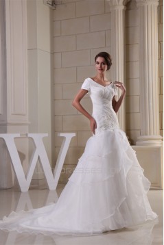 A-Line V-Neck Short Sleeve Court Train Wedding Dresses 2030002